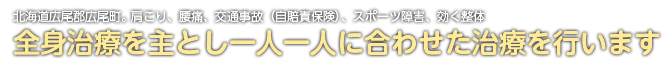 北海道広尾郡広尾町。 肩こり、腰痛、交通事故（自賠責保険）、スポーツ障害、効く整体  全身治療を主とし一人一人に合わせた治療を行います