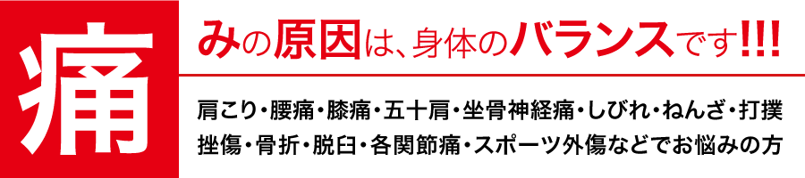 痛みの原因は、身体のバランスです！！ 肩こり・腰痛・膝痛・五十肩・坐骨神経痛・しびれ・ねんざ・打撲・挫傷・骨折・脱臼・各関節痛・スポーツ外傷などでお悩みの方