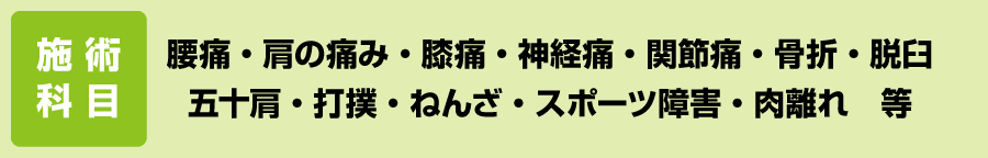施術科目　腰痛・肩の痛み・膝痛・神経痛・関節痛・骨折・脱臼・五十肩・打撲・ねんざ・スポーツ障害・肉離れ　等